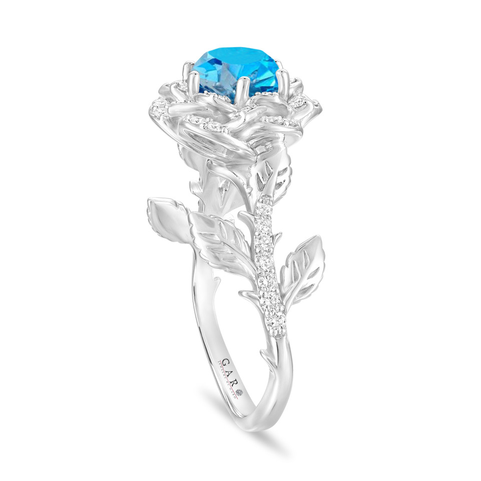 1.36 Carat Blue Topaz Rose Flower Halo Engagement Ring, Unique Floral 14K White Gold Or Yellow Gold Handmade Certified