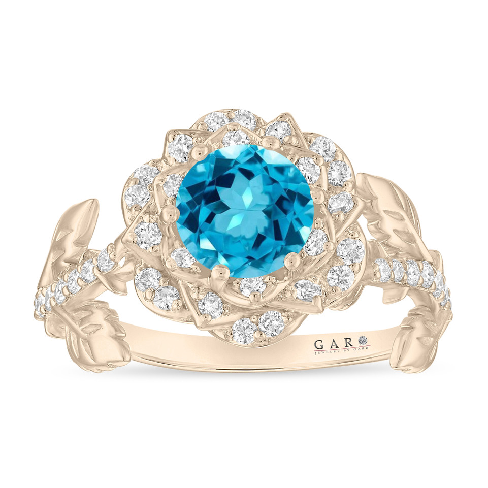 1.36 Carat Blue Topaz Rose Flower Halo Engagement Ring, Unique Floral 14K White Gold Or Yellow Gold Handmade Certified