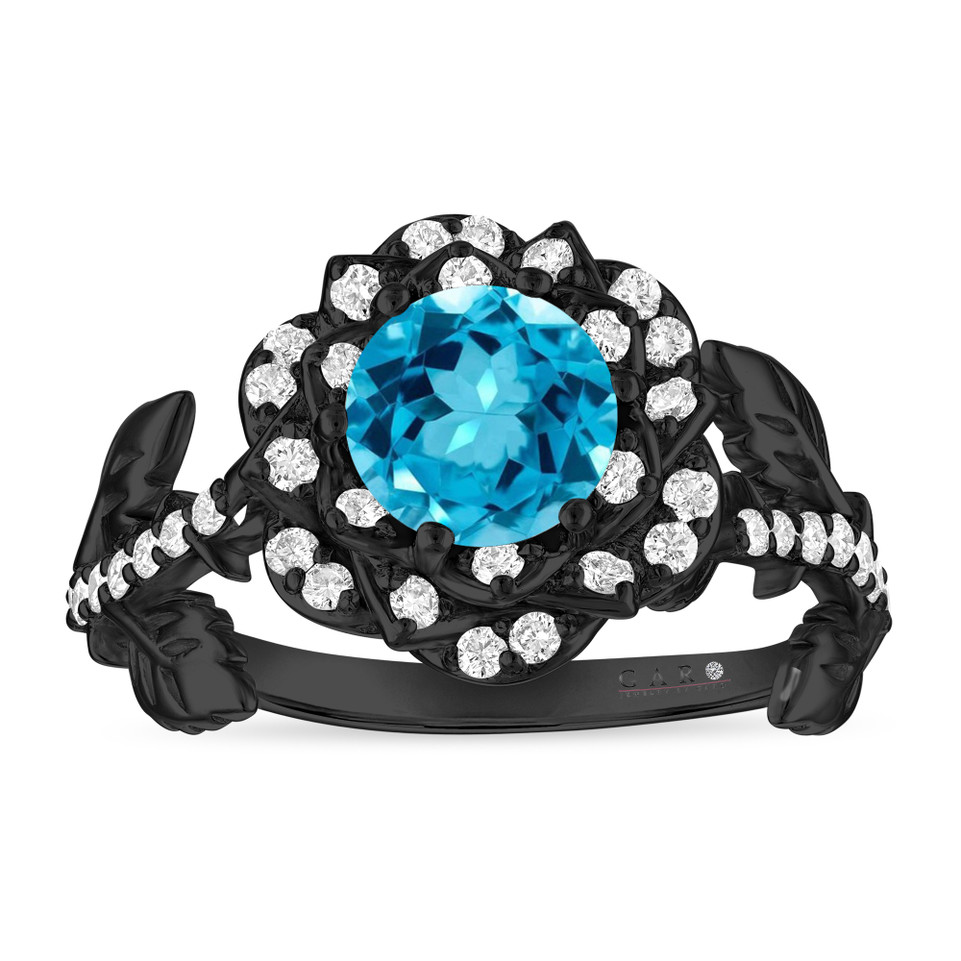 1.36 Carat Blue Topaz Floral Halo Engagement Ring, Unique Rose Flower 14K Black Gold Vintage Style Handmade Certified