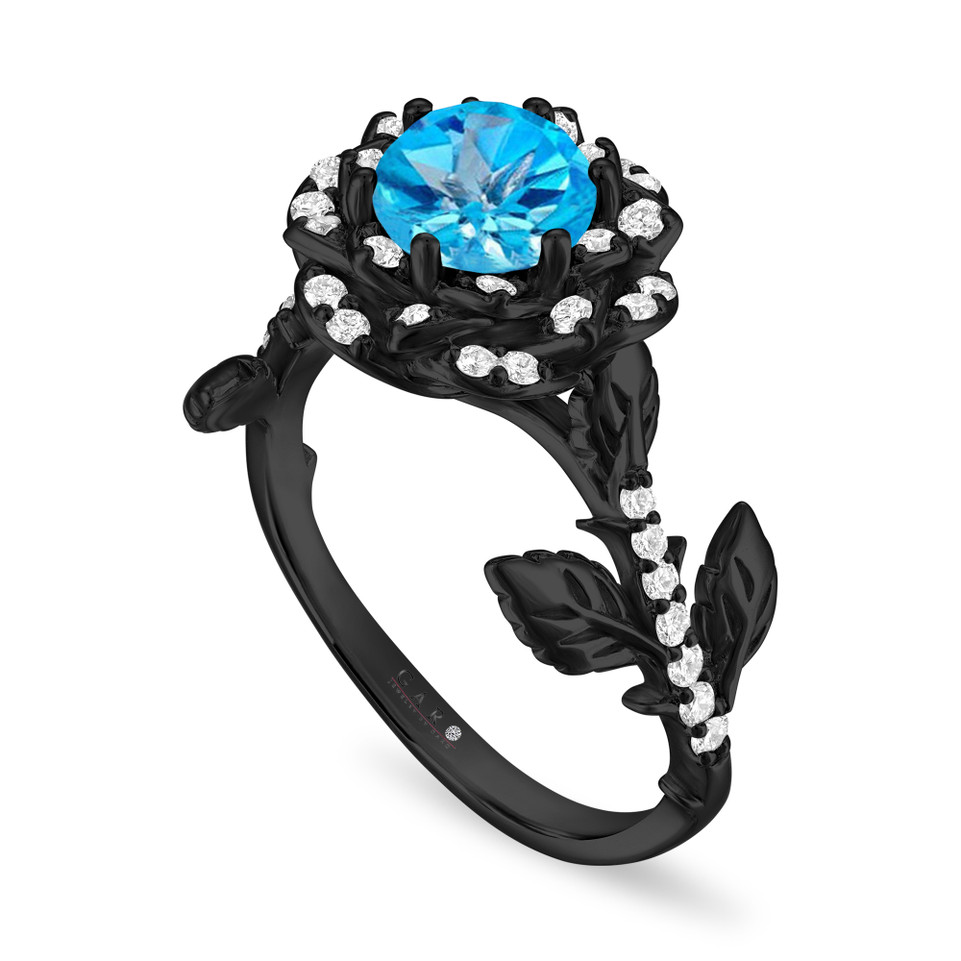 1.36 Carat Blue Topaz Floral Halo Engagement Ring, Unique Rose Flower 14K Black Gold Vintage Style Handmade Certified