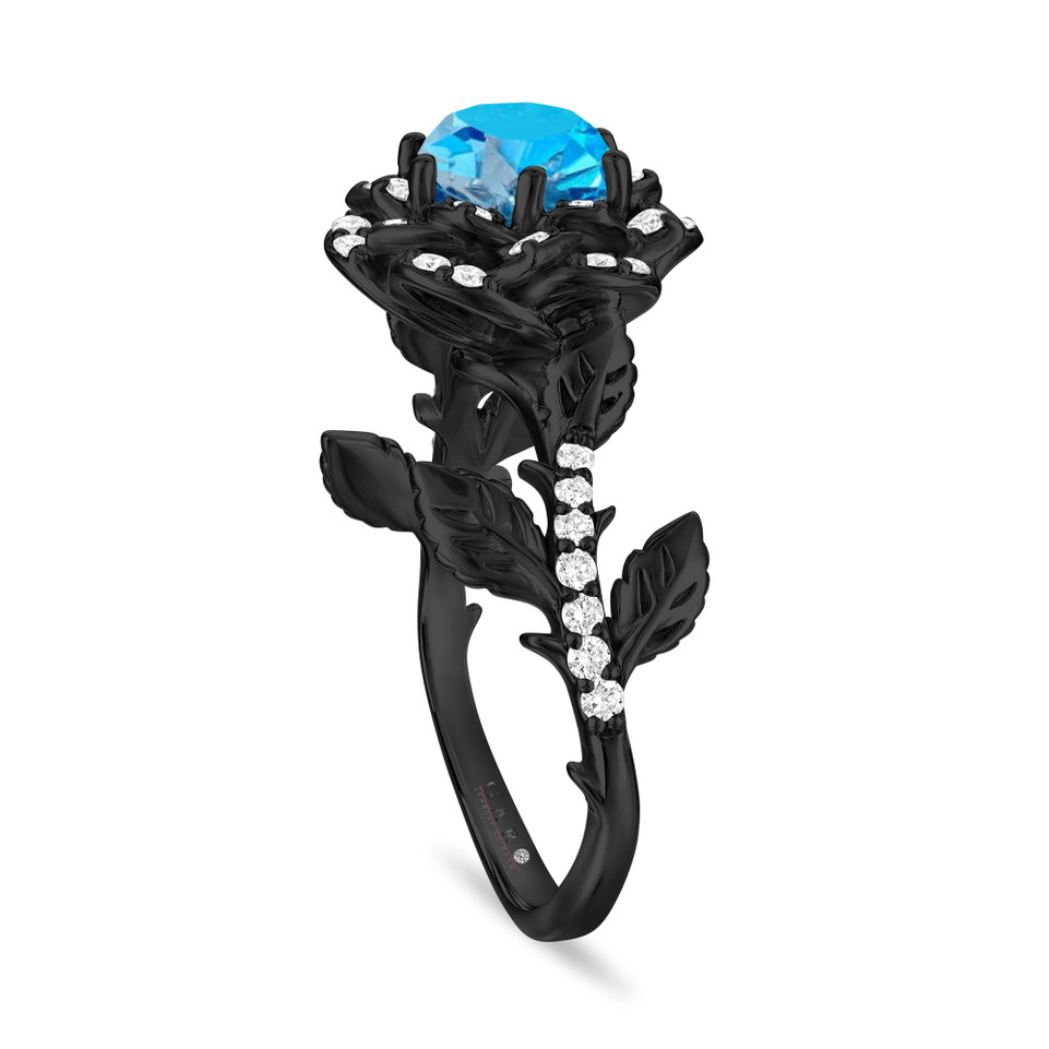 1.36 Carat Blue Topaz Floral Halo Engagement Ring, Unique Rose Flower 14K Black Gold Vintage Style Handmade Certified