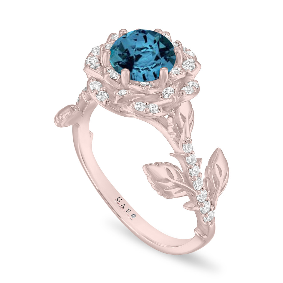 1.36 Carat London Blue Topaz Rose Flower Halo Engagement Ring, Unique Floral 14K White Gold Or Rose Gold Handmade Certificate 