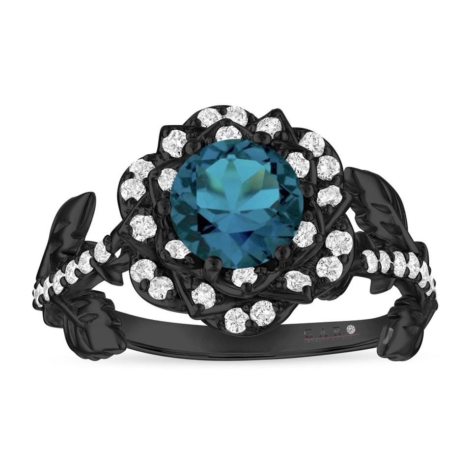 London Blue Topaz Floral Halo Engagement Ring, Unique Rose Flower 1.36 Carat 14K Black Gold Vintage Style Handmade Certificate 