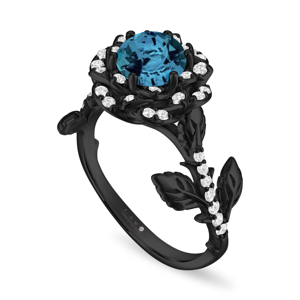London Blue Topaz Floral Halo Engagement Ring, Unique Rose Flower 1.36 Carat 14K Black Gold Vintage Style Handmade Certificate 
