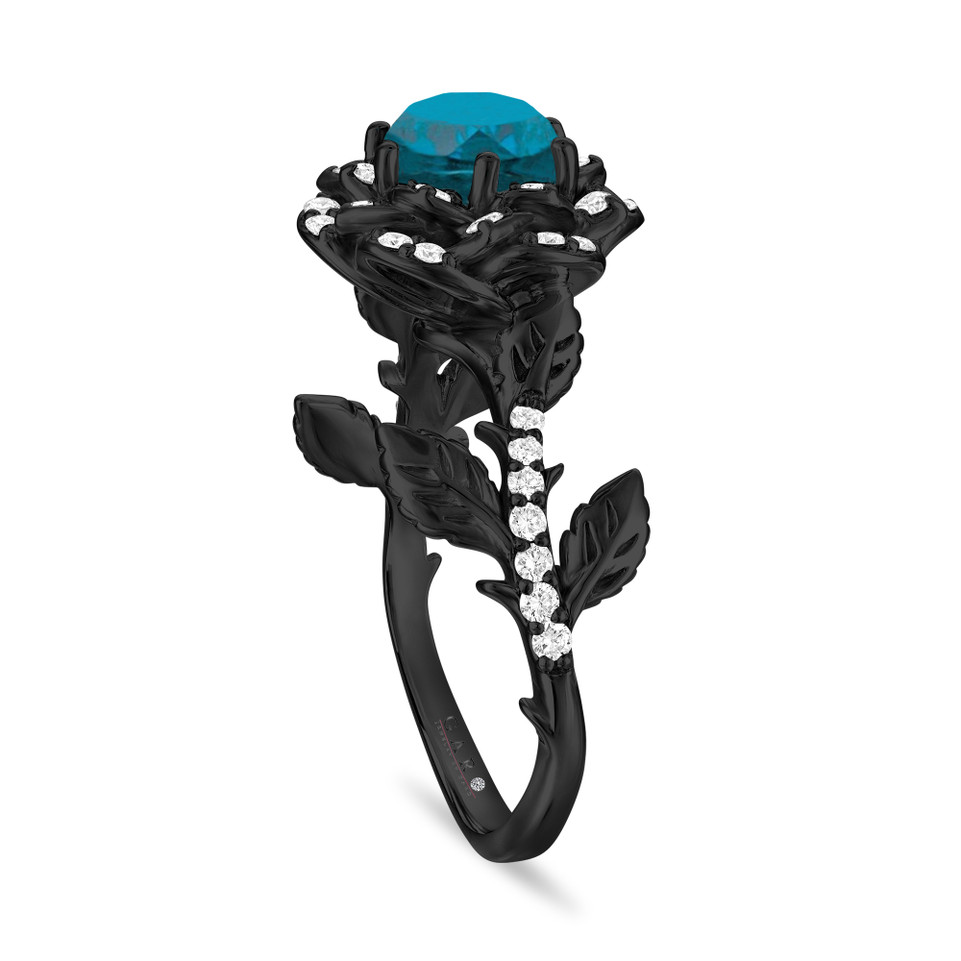 London Blue Topaz Floral Halo Engagement Ring, Unique Rose Flower 1.36 Carat 14K Black Gold Vintage Style Handmade Certificate 