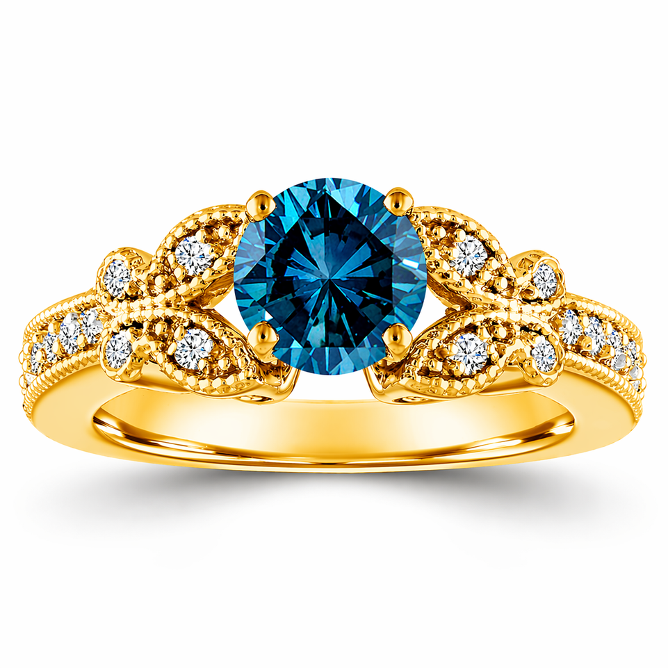 Blue Diamond Butterfly Engagement Ring 1.20 Carat Unique Handmade 14K Yellow Gold 