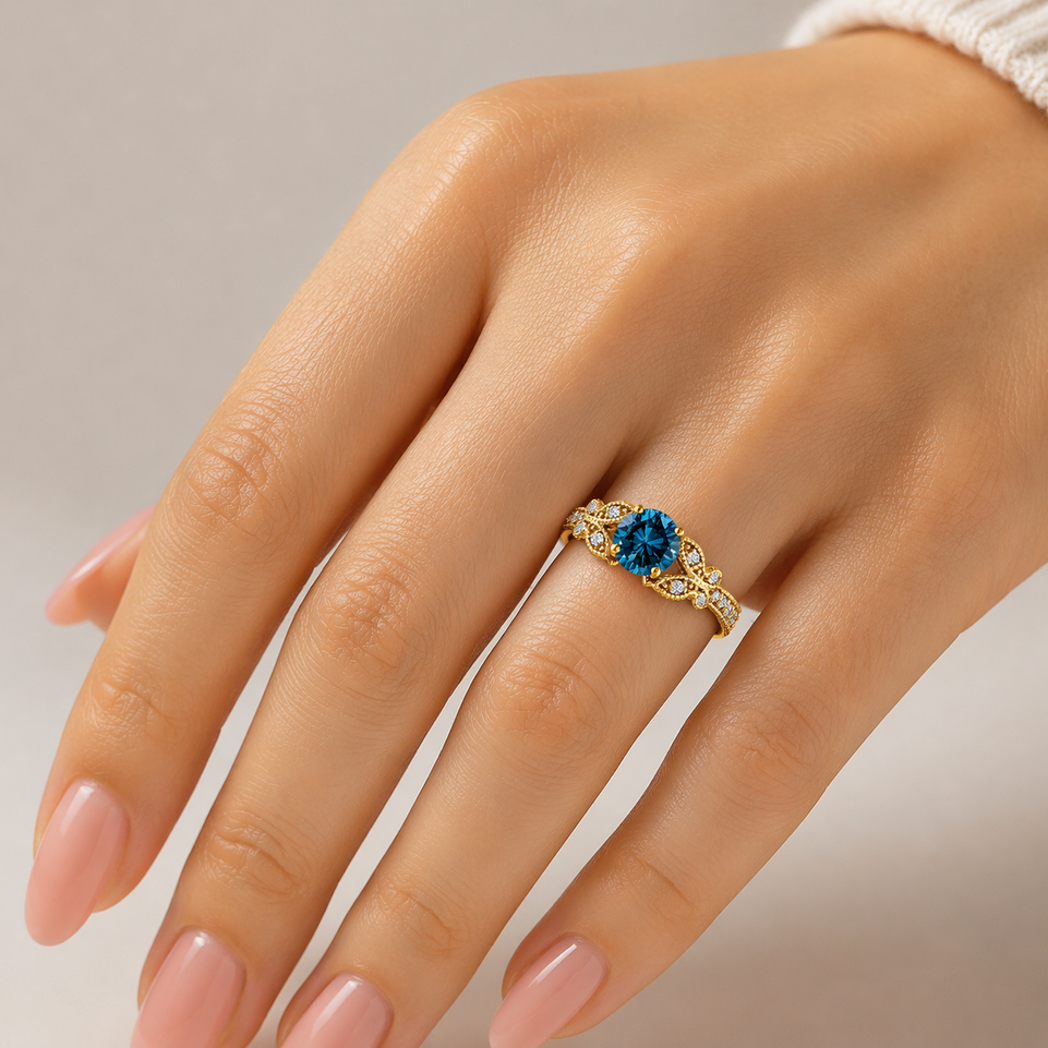 Blue Diamond Butterfly Engagement Ring 1.20 Carat Unique Handmade 14K Yellow Gold 