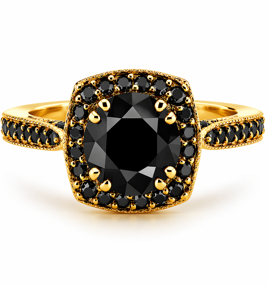 1.77 Carat Black Diamond Halo Engagement Ring 14K Yellow Gold – Handmade Certified