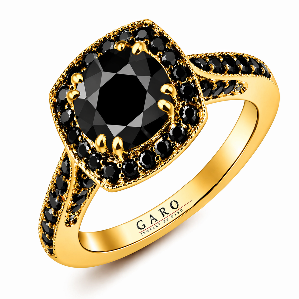 1.77 Carat Black Diamond Halo Engagement Ring 14K Yellow Gold – Handmade Certified