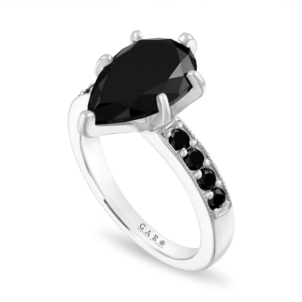 2.32 Carat Pear Shaped Black Diamond Engagement Ring 14K White Gold Unique Certified Handmade