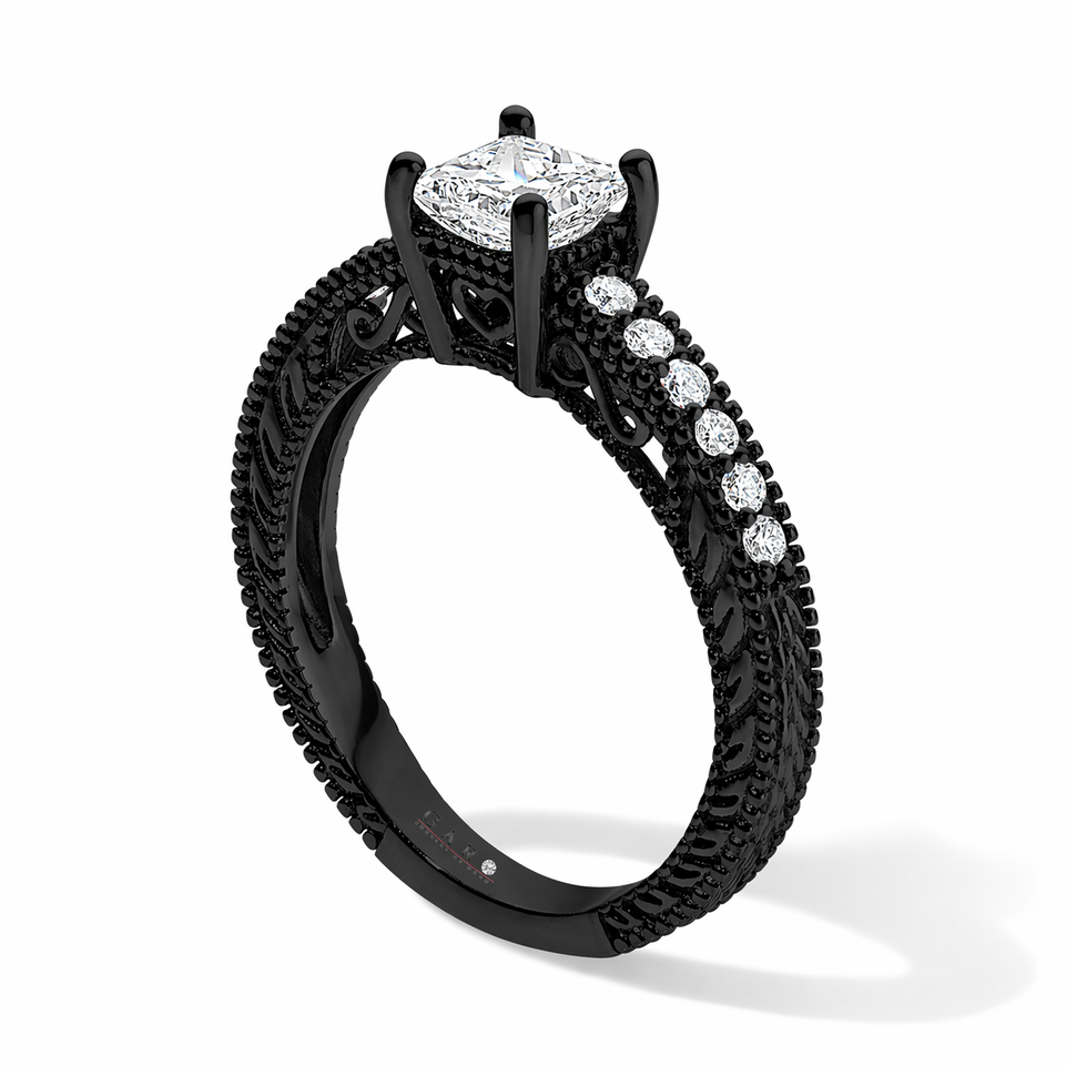 Princess Cut Diamond Filigree Engagement Ring 0.65 Carat GIA Certified 14K Black Gold Vintage Style Unique Handmade
