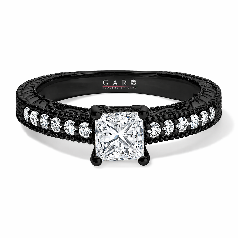 Princess Cut Diamond Filigree Engagement Ring 0.65 Carat GIA Certified 14K Black Gold Vintage Style Unique Handmade