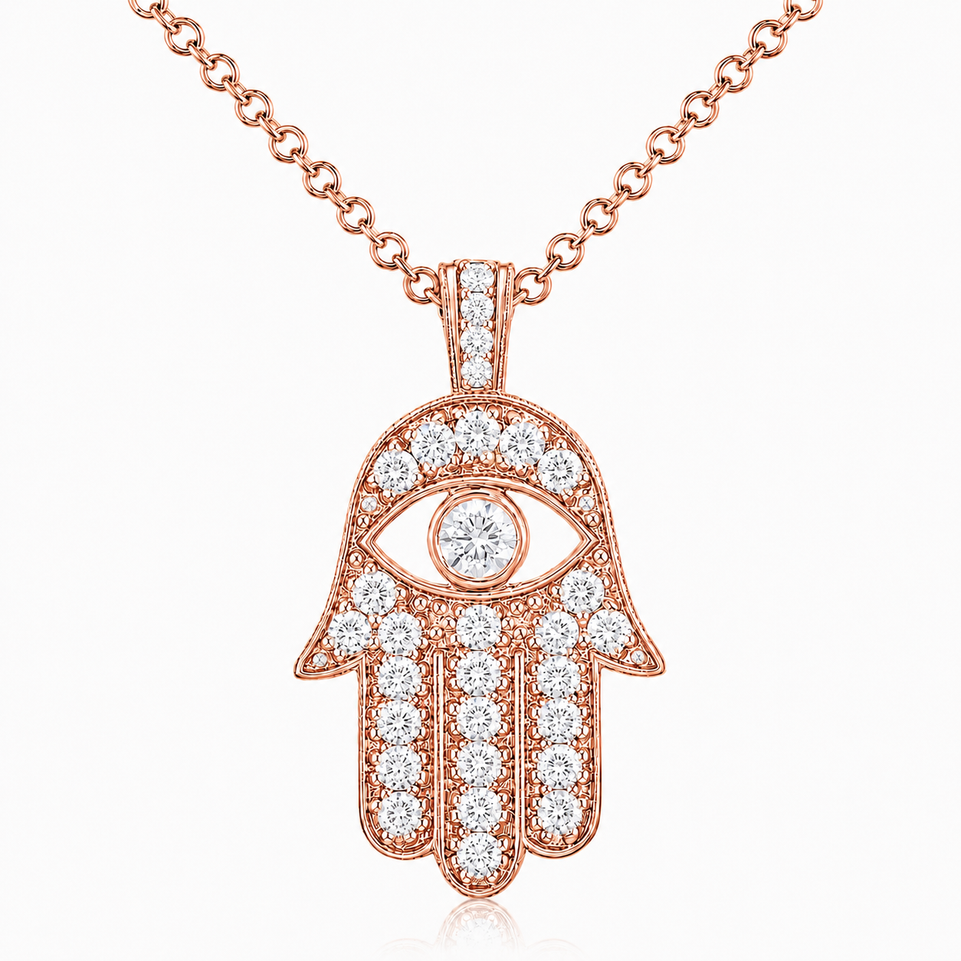 Large Hamsa Diamond Pendant Necklace 1.70 Carat 14K White Rose or Yellow Gold Unique Handmade Certified