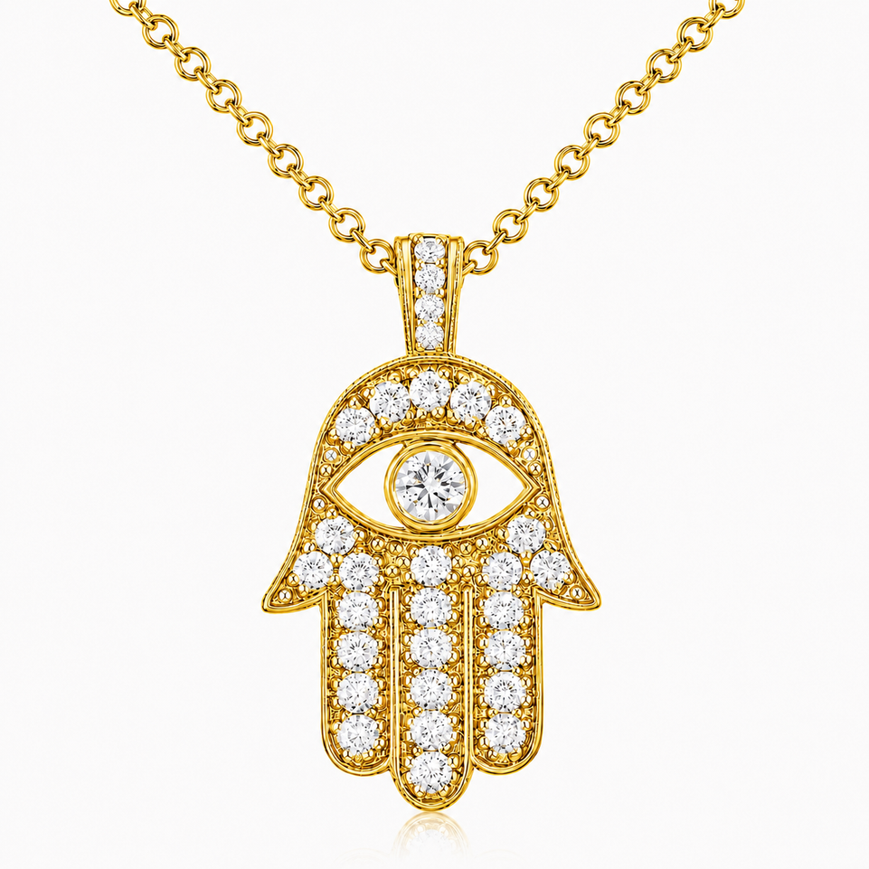 Large Hamsa Diamond Pendant Necklace 1.70 Carat 14K White Rose or Yellow Gold Unique Handmade Certified