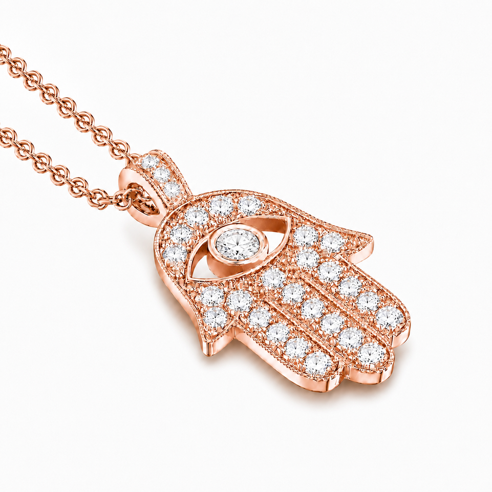Large Hamsa Diamond Pendant Necklace 1.70 Carat 14K White Rose or Yellow Gold Unique Handmade Certified