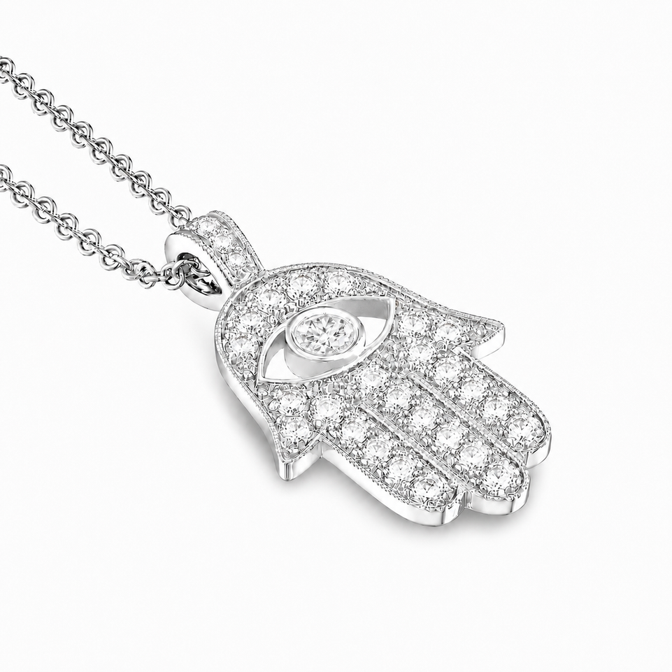 Large Hamsa Diamond Pendant Necklace 1.70 Carat 14K White Rose or Yellow Gold Unique Handmade Certified
