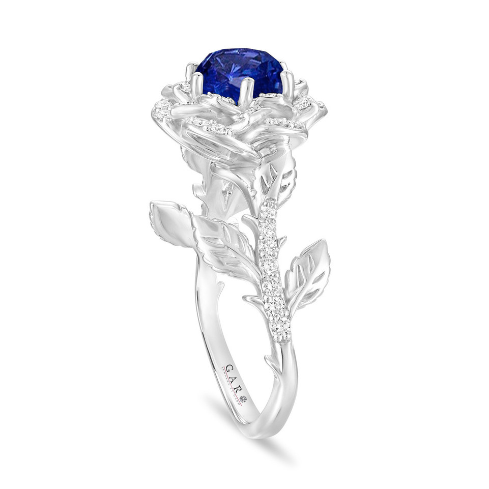 Sapphire Floral Halo Engagement Ring, Unique Rose Flower 1.36 Carat 14K White Gold Or Yellow Gold Handmade Certified