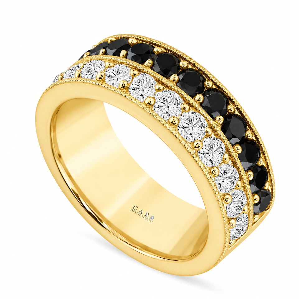 Black & White Diamond Men’s Wedding Band 2.80 Carat 8mm Two Row Pave 14K White Gold Or Yellow Gold Handmade Certified 