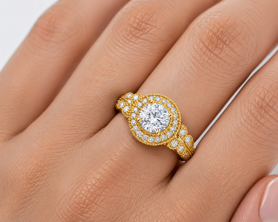 Lab Grown Diamond Butterfly Halo Engagement Ring 1.61 Carat IGI Certified Unique Filigree 14K Gold Handmade