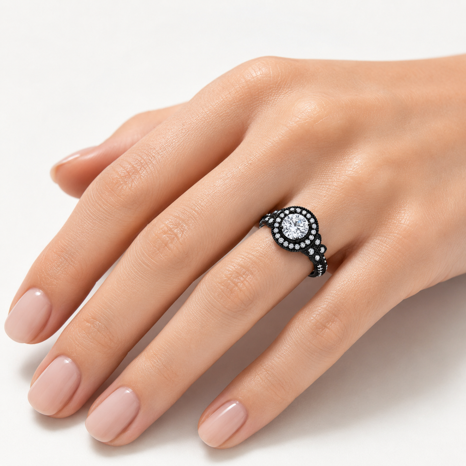 Lab Grown Diamond Butterfly Halo Engagement Ring 1.61 Carat IGI Certified Unique Filigree 14K Black Gold Vintage Style Handmade