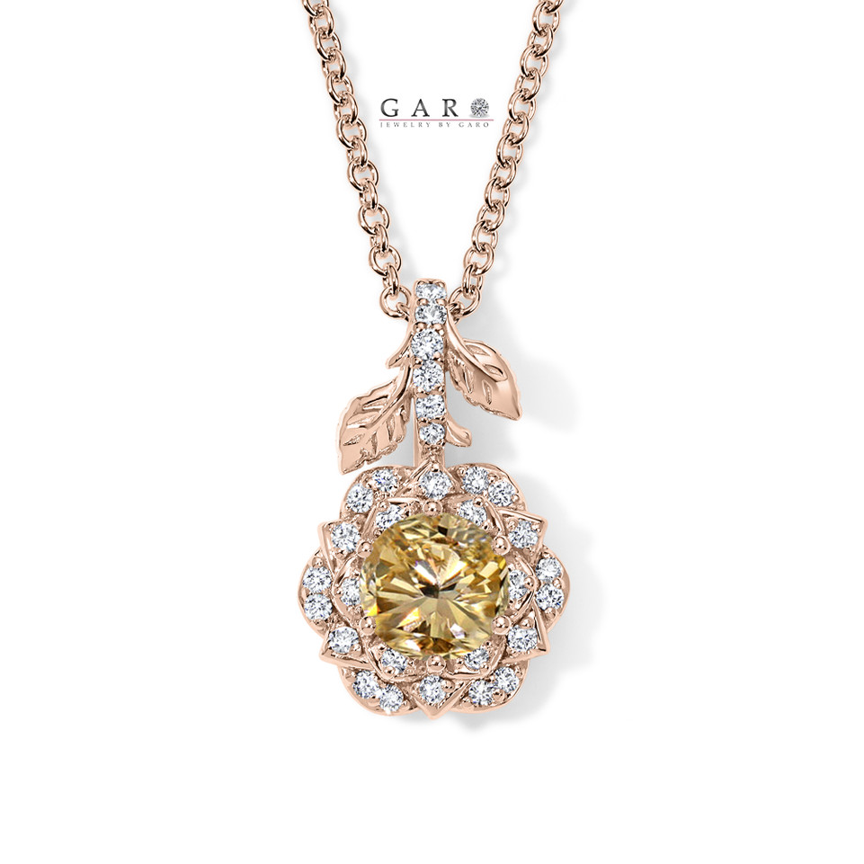 1.27 Carat Champagne Diamond Rose Flower Halo Pendant Necklace 14K White Gold, Yellow Gold Or Rose Gold Unique Floral Certified Handmade