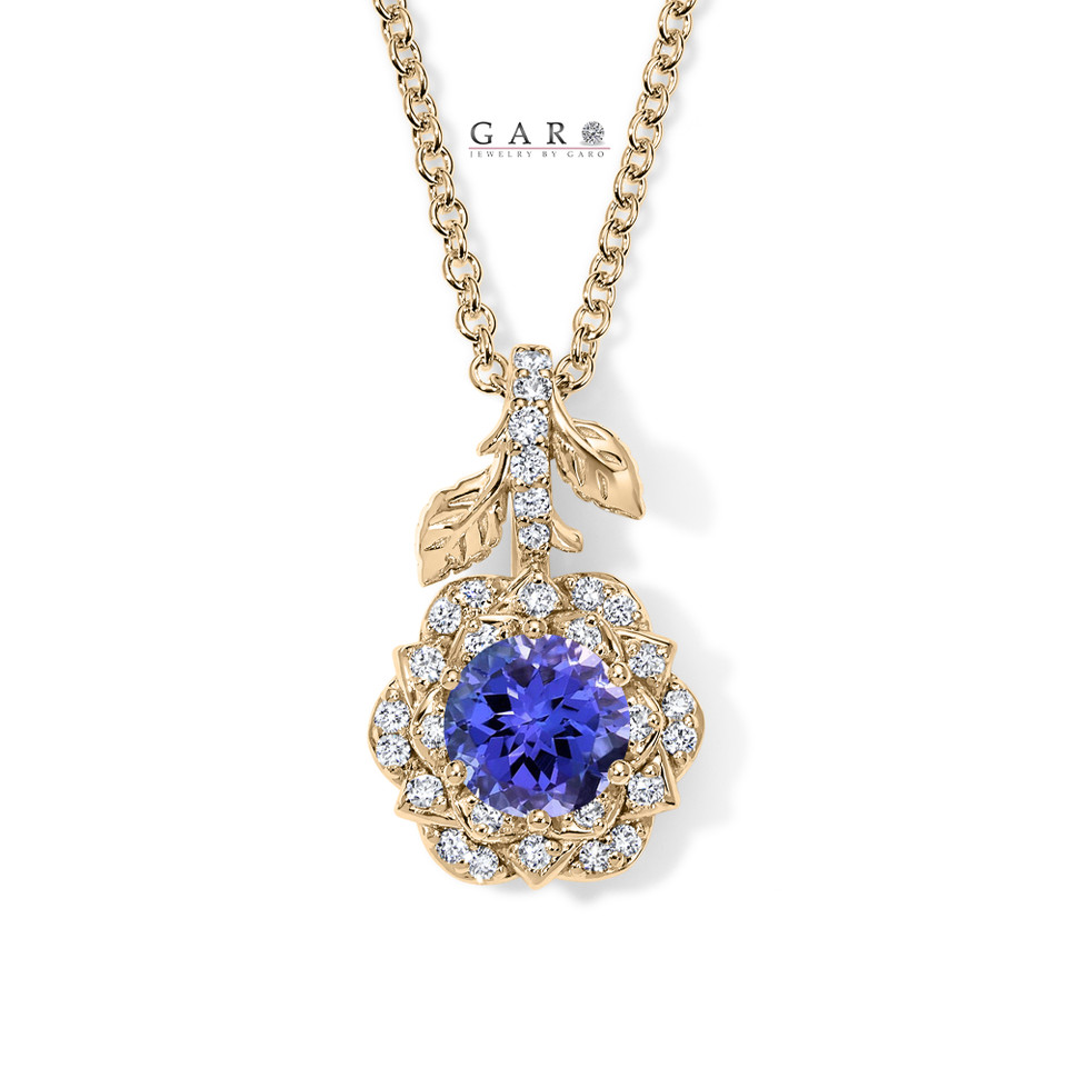 1.27 Carat Tanzanite Rose Flower Halo Pendant Necklace 14K White Gold Or Yellow Gold Unique Floral Certified Handmade