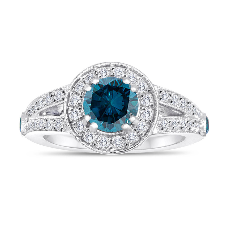 Blue Diamond Engagement Ring 1.56 Carat 14K White Gold Handmade Unique Halo Pave Certified
