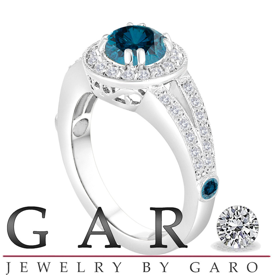 Blue Diamond Engagement Ring 1.56 Carat 14K White Gold Handmade Unique Halo Pave Certified
