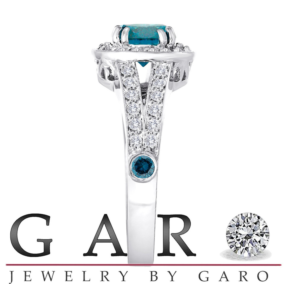 Blue Diamond Engagement Ring 1.56 Carat 14K White Gold Handmade Unique Halo Pave Certified
