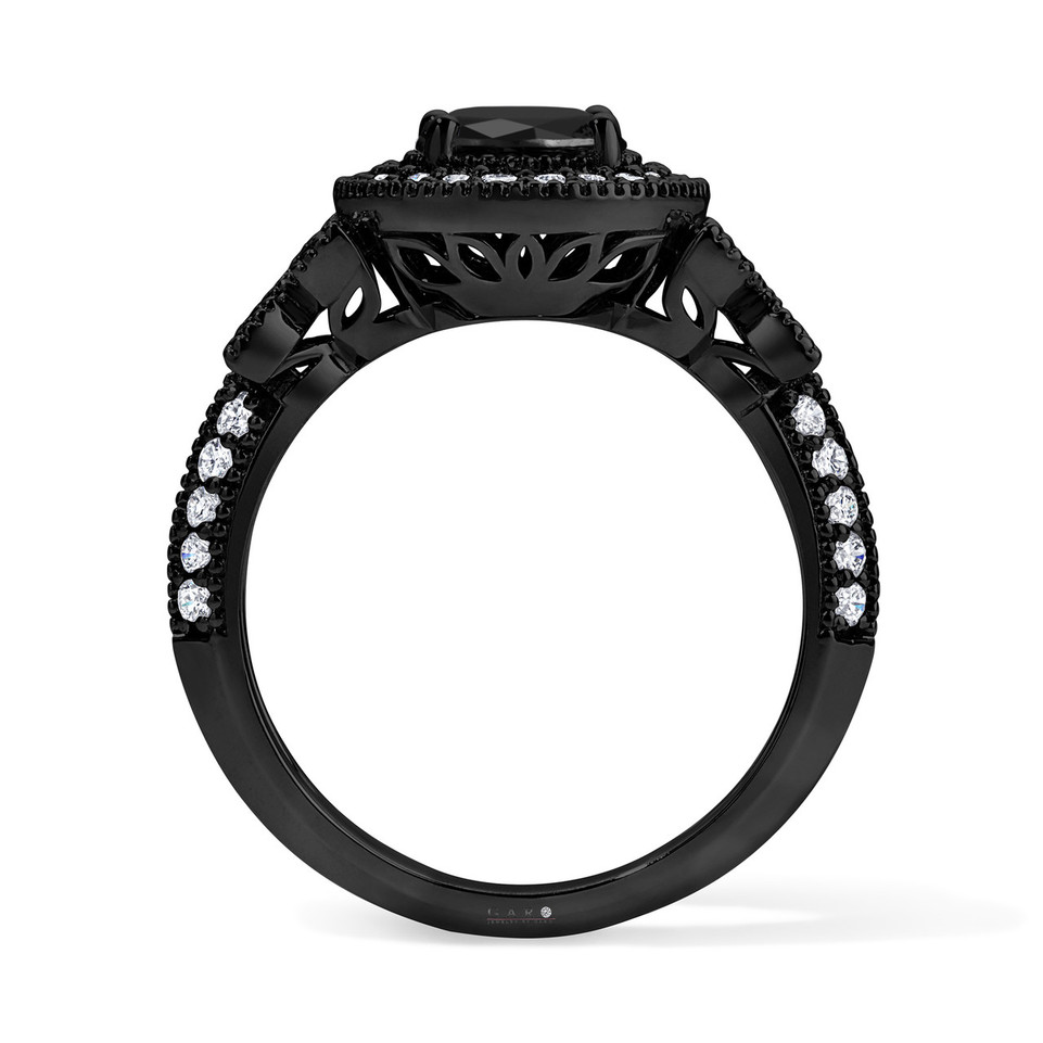 Black Diamond Butterfly Halo Engagement Ring 14K Black Gold Vintage Style Unique Handmade
