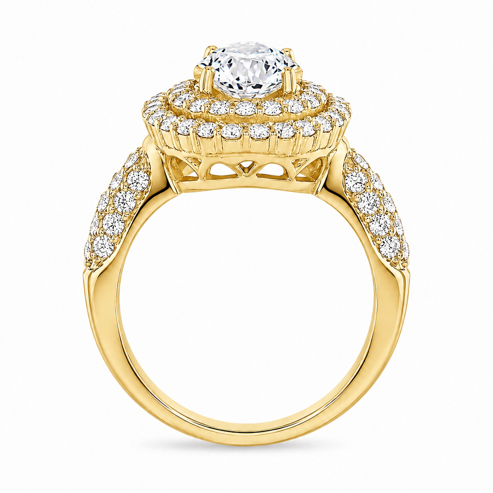 2.68 Carat Pear Shaped Lab Grown Diamond Double Halo Engagement Ring 14K White Gold or Yellow Gold IGI Certified Handmade