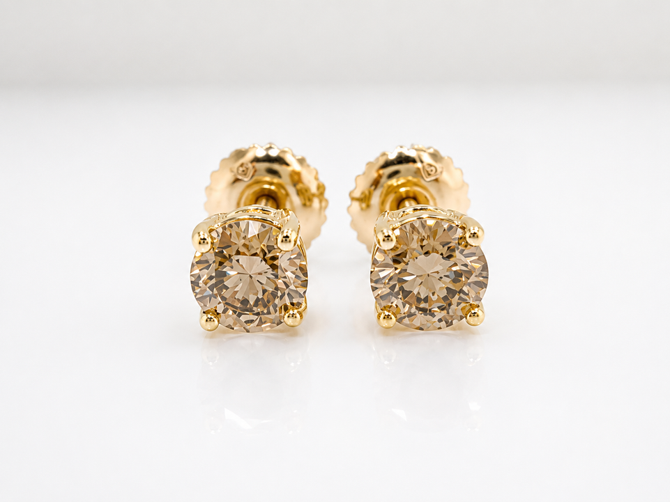 Custom Order 1.40 Carat Natural Champagne Brown Diamond Lever Back Stud Earrings 14K Yellow Gold Handmade Certified