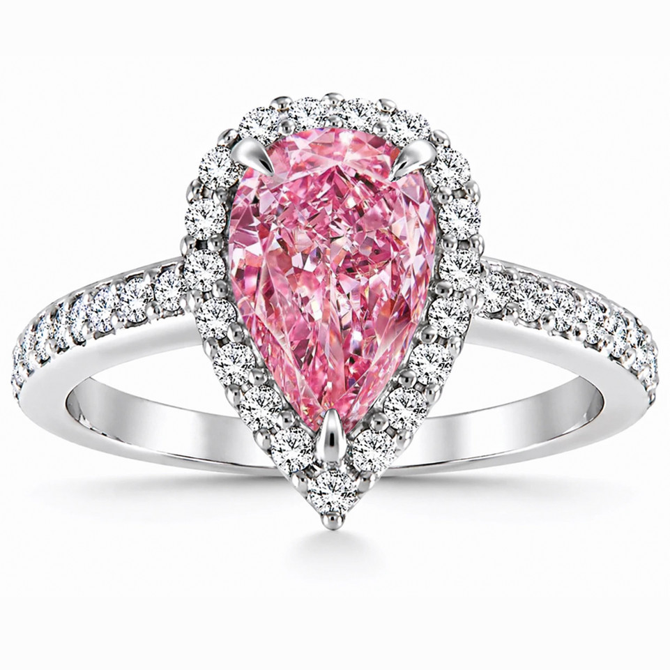 Pear Shaped Lab Grown Pink Diamond Halo Engagement Ring 2.00 Carat 14K White Gold IGI Certified Unique Handmade