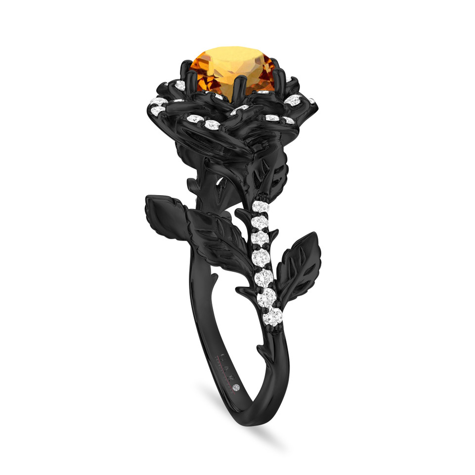 1.36 Carat Citrine Rose Flower Halo Engagement Ring Floral Nature Inspired 14K Black Gold Certified Handmade