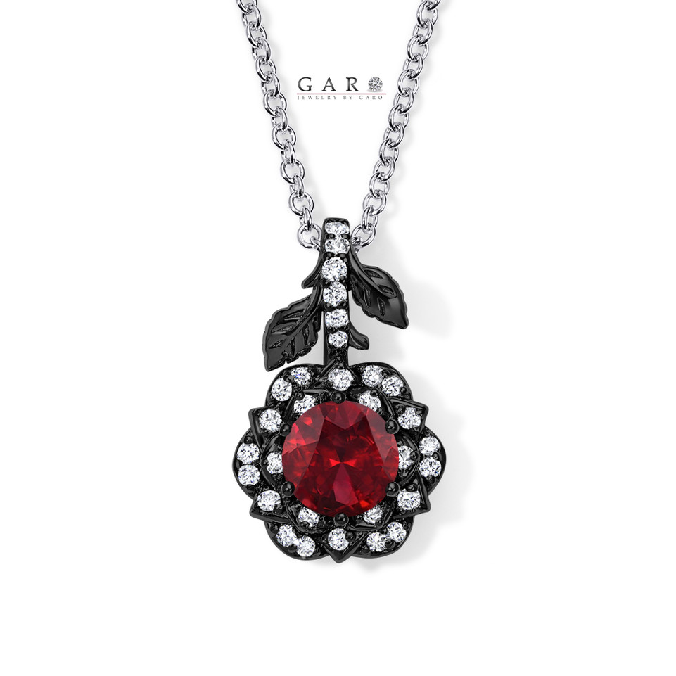 Garnet Rose Flower Halo Pendant Necklace 1.41 Carat 14K Black Gold Certified Handmade