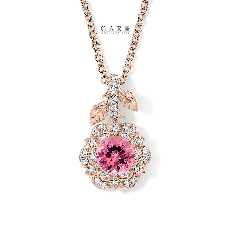 Pink Tourmaline Rose Flower Halo Pendant Necklace 1.26 Carat 14K White Gold or Rose Gold Floral Certified Handmade