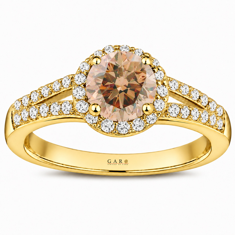 1.00 Carat Champagne Diamond Halo Engagement Ring 14K White Gold Or Yellow Gold Split Shank Filigree Handmade