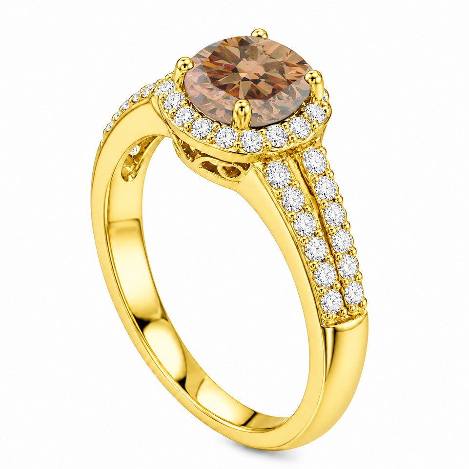 1.00 Carat Champagne Diamond Halo Engagement Ring 14K White Gold Or Yellow Gold Split Shank Filigree Handmade