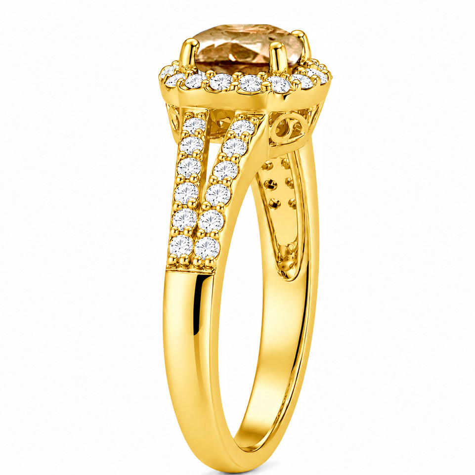 1.00 Carat Champagne Diamond Halo Engagement Ring 14K White Gold Or Yellow Gold Split Shank Filigree Handmade