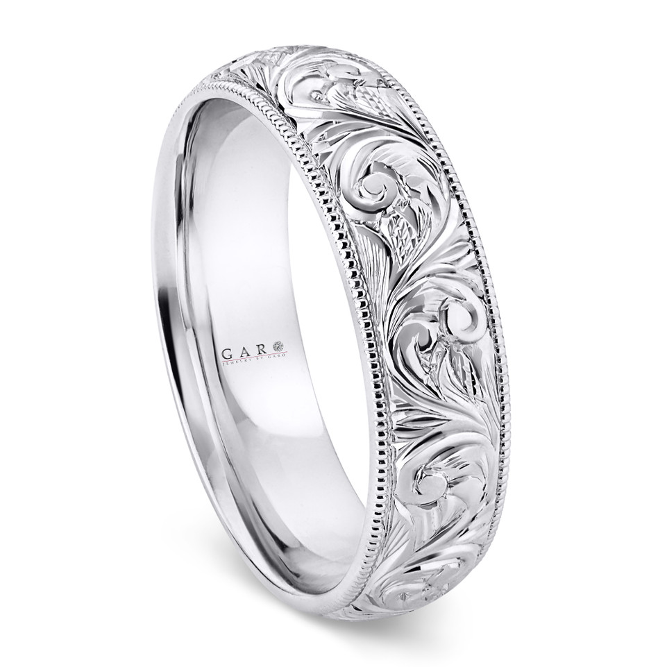 Hand Engraved Men’s Leaf and Scroll Wedding Band 6mm 14K Yellow or White Gold Handmade