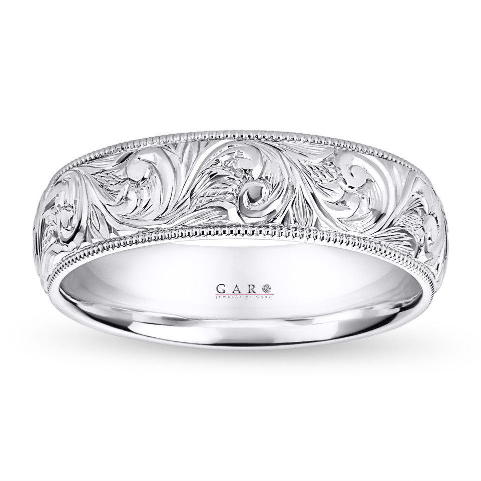 Platinum Hand Engraved Men’s Leaf and Scroll Wedding Band 6mm Handmade