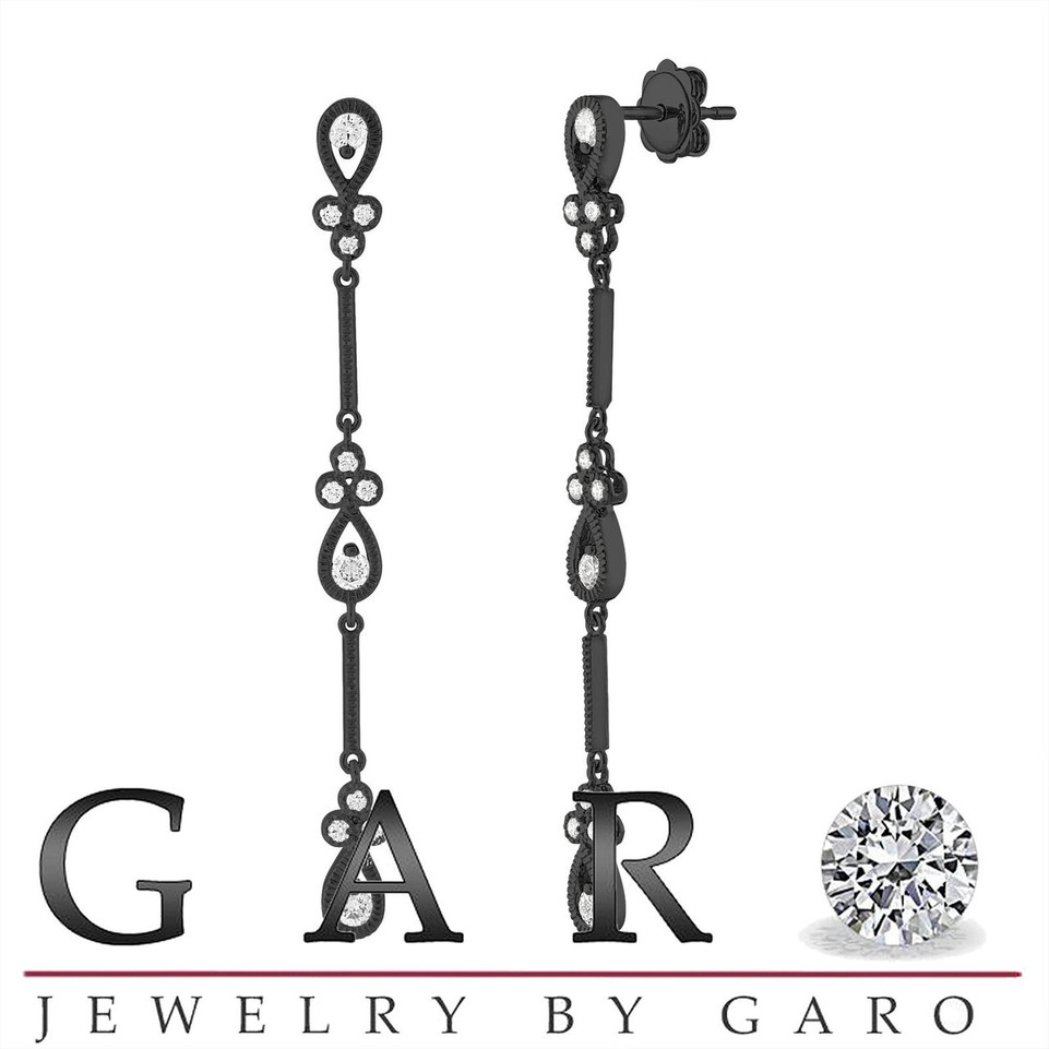 Custom Order Diamond Dangle & Drop Earrings, Vintage Bridal Earrings, Anniversary Gift, 14K Black Gold 0.70 Carat Handmade 2.25 Inch Unique Certified
