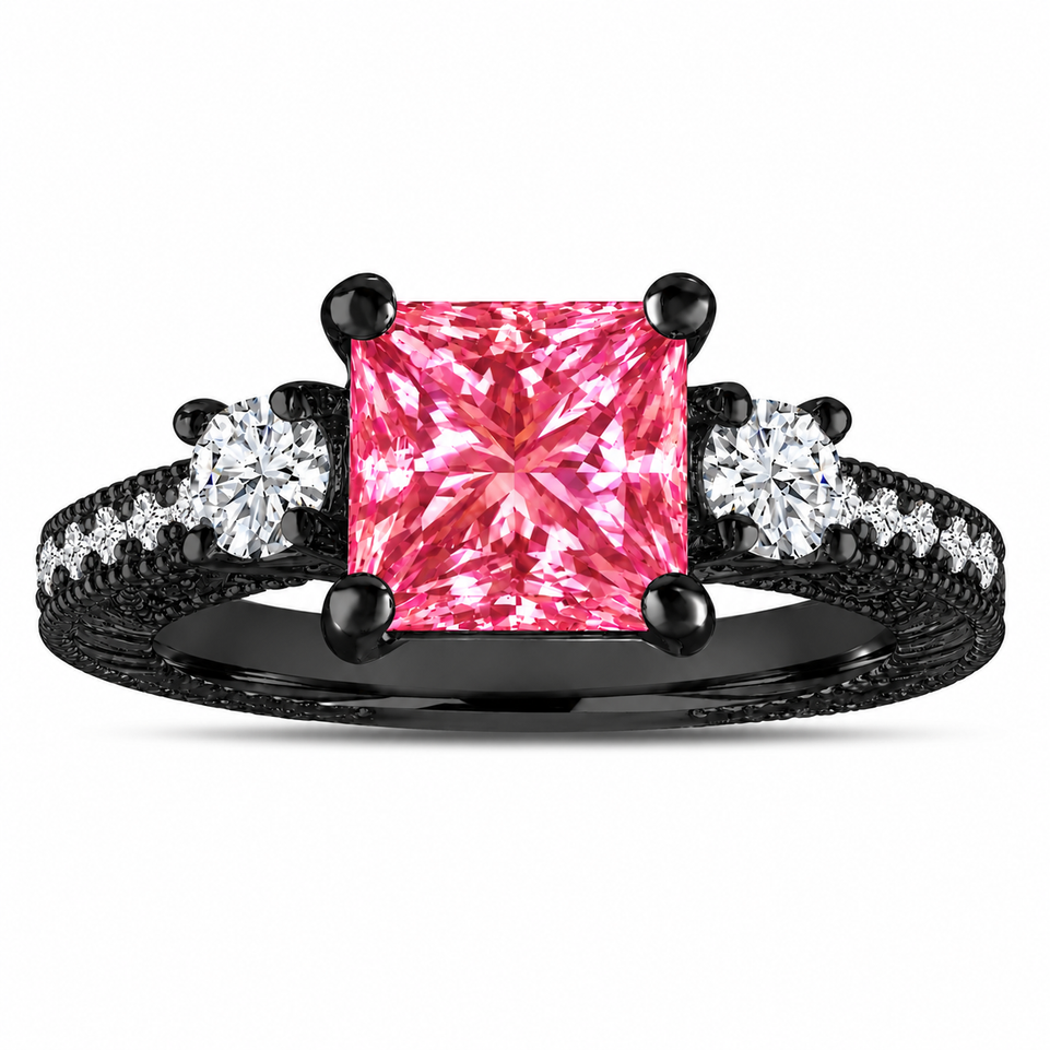 Princess Cut Lab Grown Pink Diamond Engagement Ring 2.45 Carat 14K Black Gold Vintage Style IGI Certified Handmade