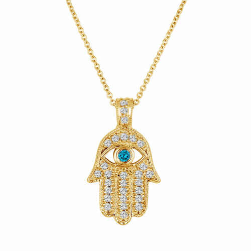 14K Yellow Gold Hamsa Hand Of GOD Diamond Pendant Necklace