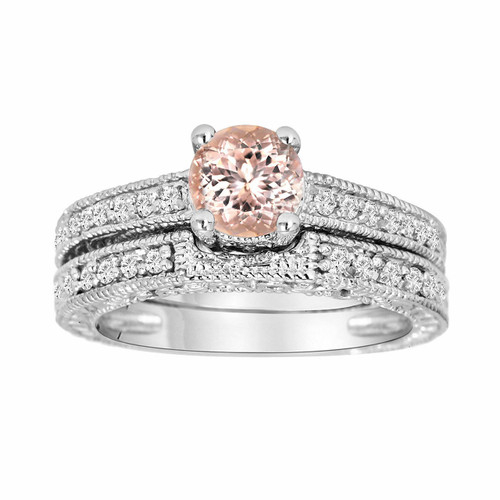 Morganite Diamond Engagement Ring And Wedding Band Set 14K White