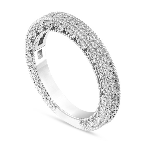 Diamond Wedding Band 14K White Gold Vintage Style Engraved Unique 0.38