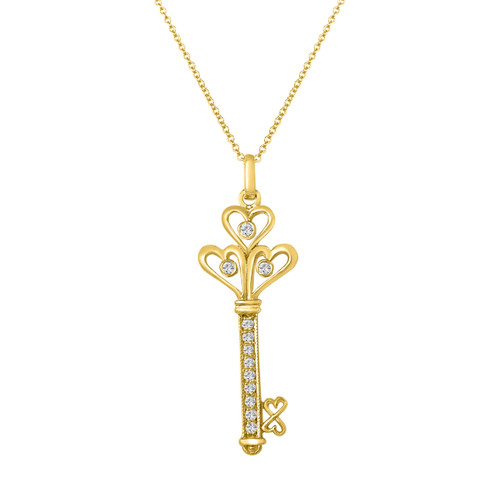 Diamond Key Pendant, Heart Key Love Necklace, 14K Yellow Gold 0.25