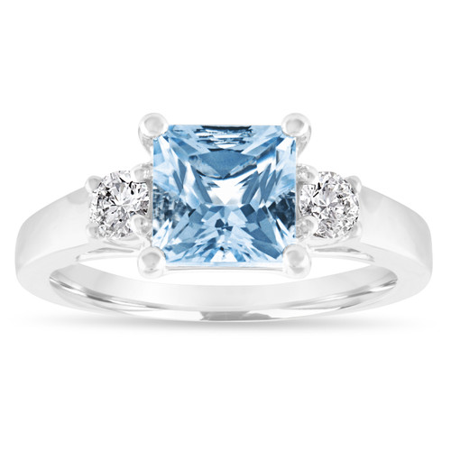 Princess Cut Aquamarine Engagement Ring Platinum, Three Stone
