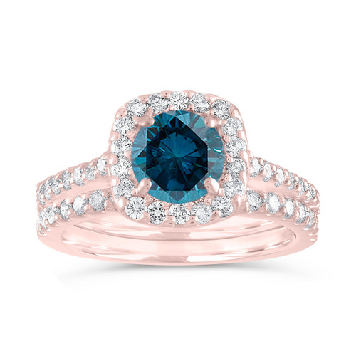 Blue Diamond Engagement Ring Set, Rose Gold Cushion Cut Wedding Ring ...