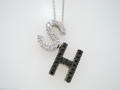 Diamond Initial Pendant Black White Diamond Unique Letter Necklace 14k White Gold Pave 0.50 Carat Handmade Certified
